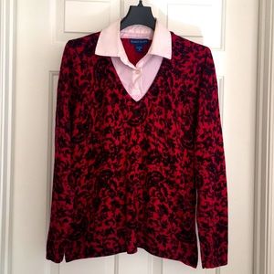 Karen Scott Top Small Crimson Red Black White Collar Long Sleeves